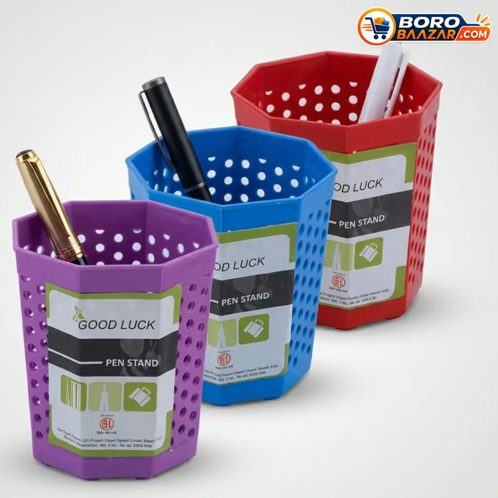 Good Luck Pen Stand in red pink and blue for desk stationery organization